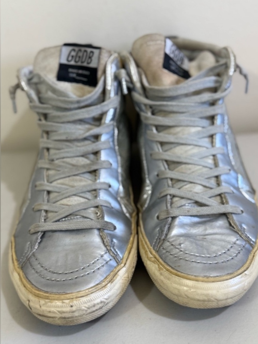 Golden Goose Silver High-Top Sneakers with Cream Sole
